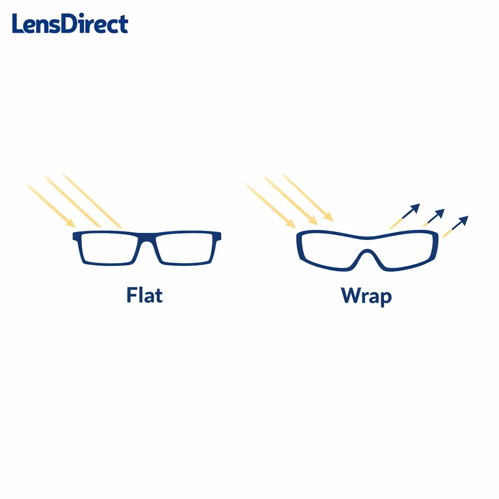 A wraparound sunglass silhouette shows side rays being blocked compared to a flat frame outline.