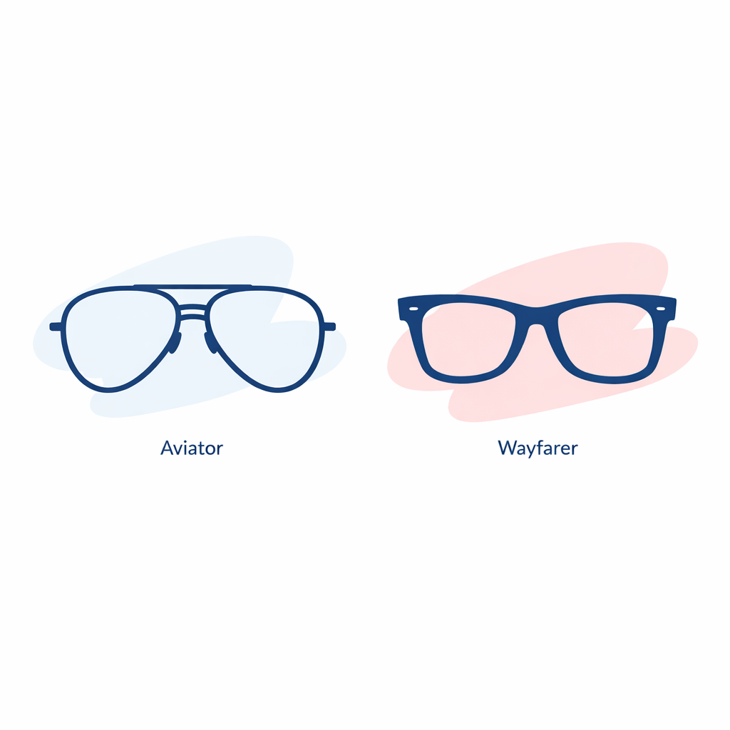 Side-by-side outlines compare an aviator’s teardrop lenses and double bridge to a wayfarer’s trapezoid shape and strong top line.