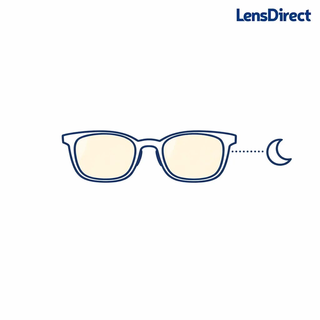 Glasses lens icon with a subtle warm tint overlay and a small moon symbol for evening use.