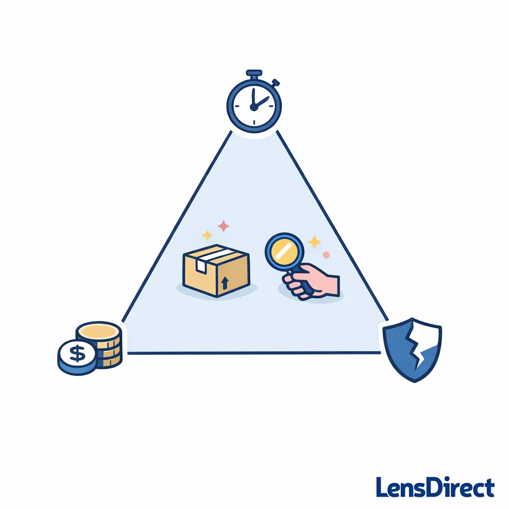 A triangle diagram balances cost, speed, and risk to compare mail-in and DIY choices.