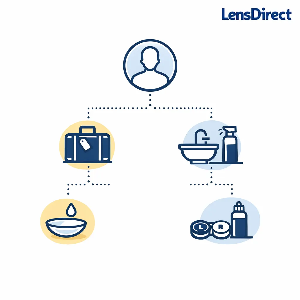 Decision tree diagram with branching icons indicating routines, cleaning steps, and travel nights away from home.