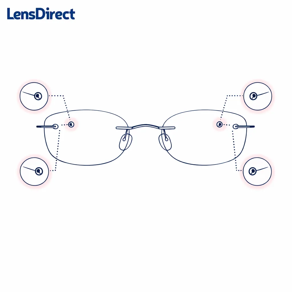 A rimless lens diagram highlights drilled mounting points as a higher-risk area.