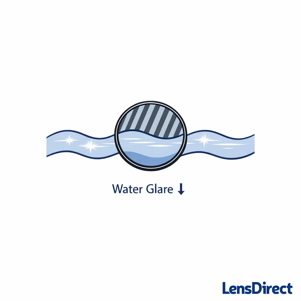 A wave icon reflects bright glare lines that are reduced when viewed through a polarized lens overlay.