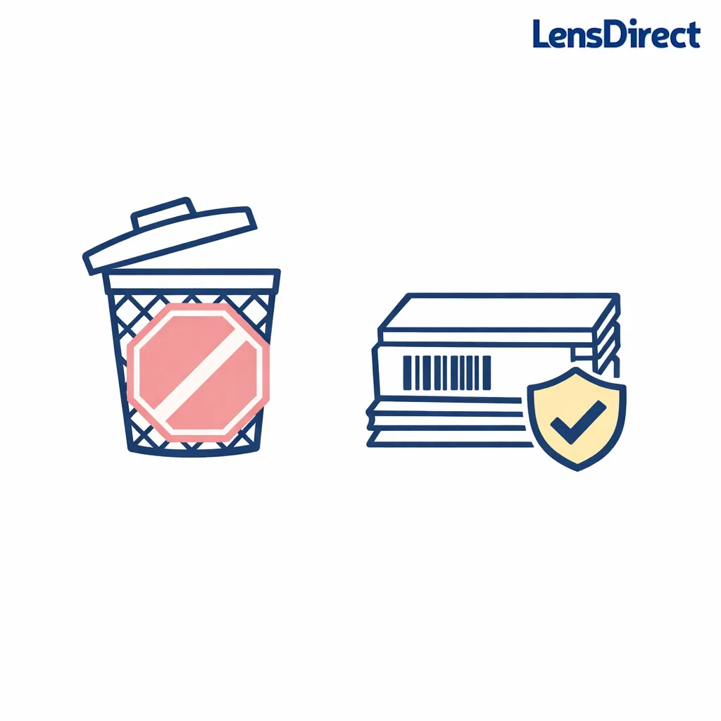 An open trash bin is blocked by a stop symbol as packaging with a UPC panel is kept safely aside.