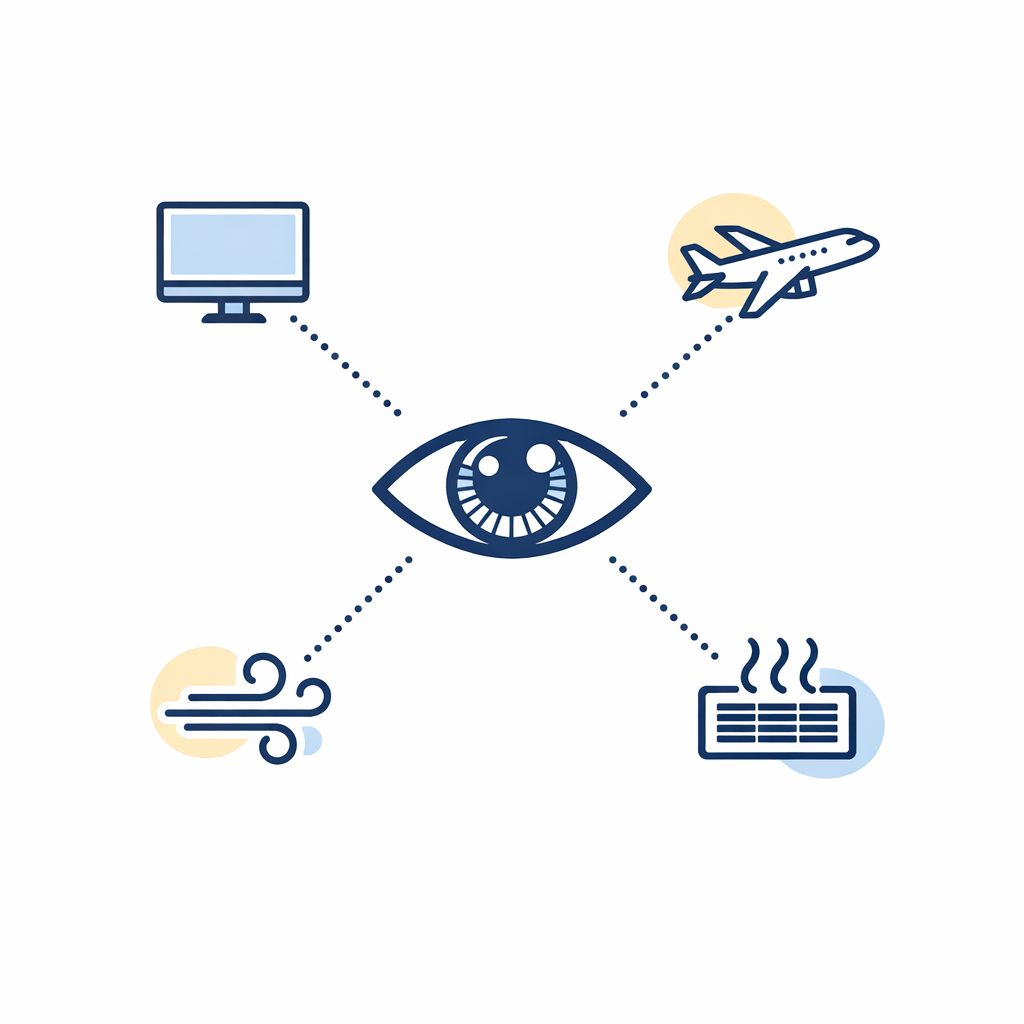 Simple icons for screen time, airplane air, wind, and heating arranged around an eye to show common dryness triggers.