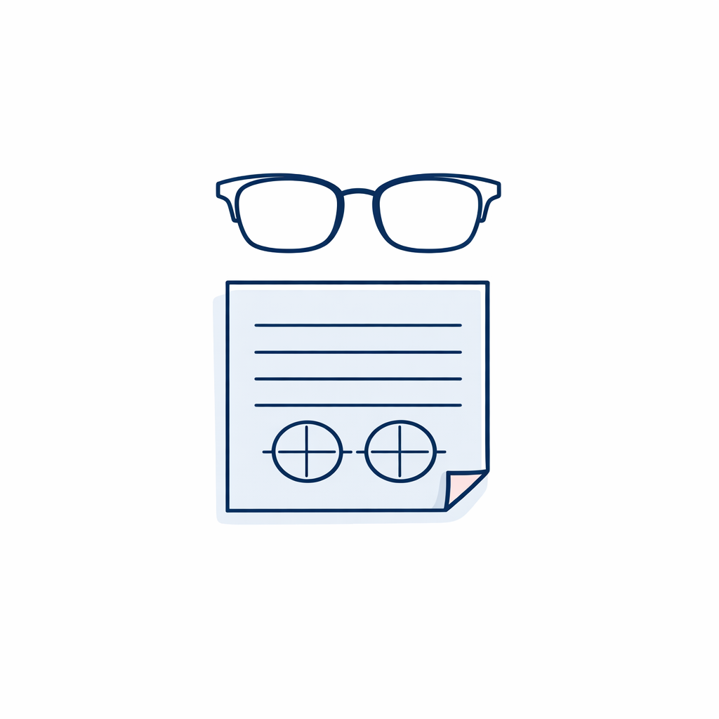 A glasses frame above an Rx sheet with simple lens diagram lines indicating values for ordering.