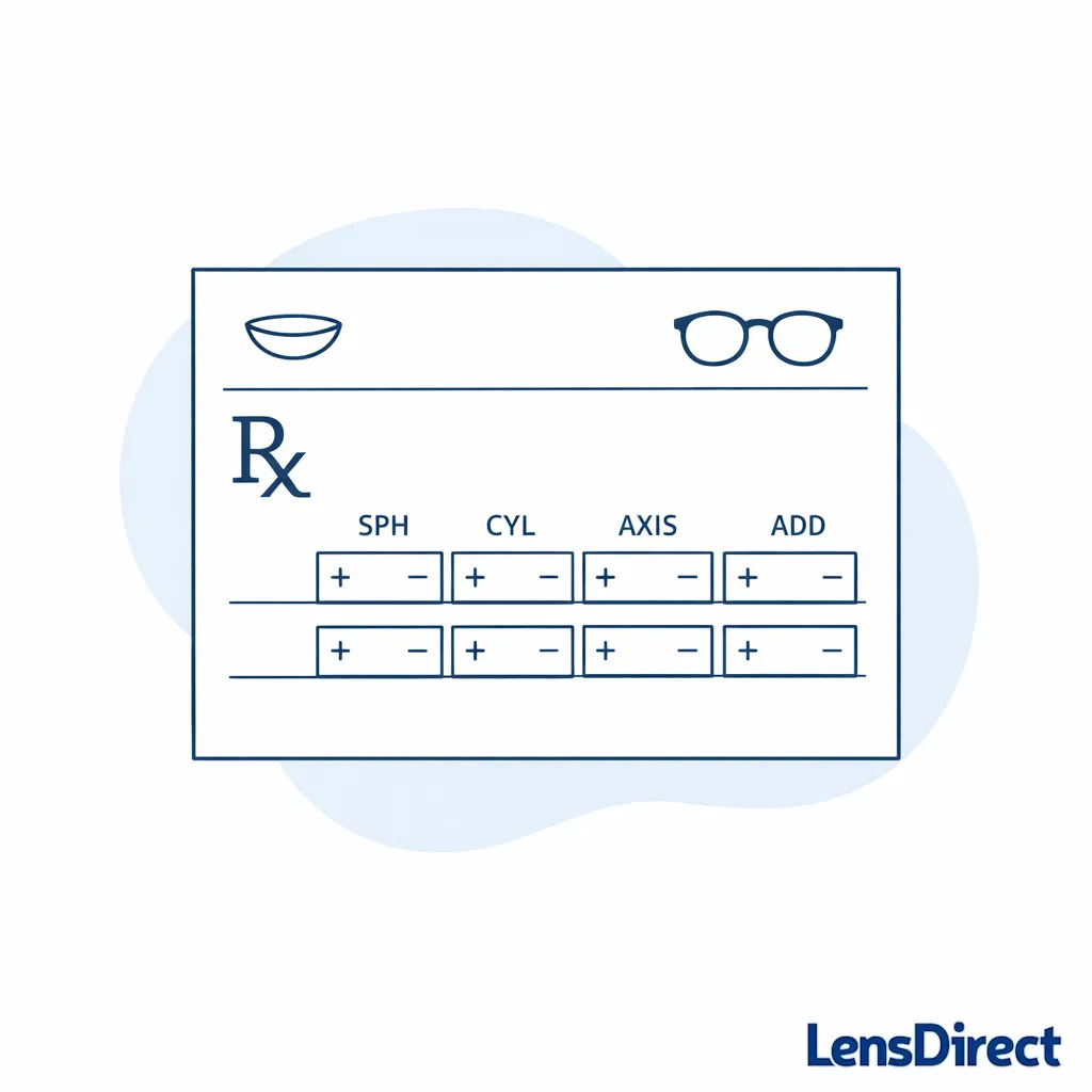 A prescription slip with tiny fields and lens icons suggests sharing exact numbers like axis and cylinder.