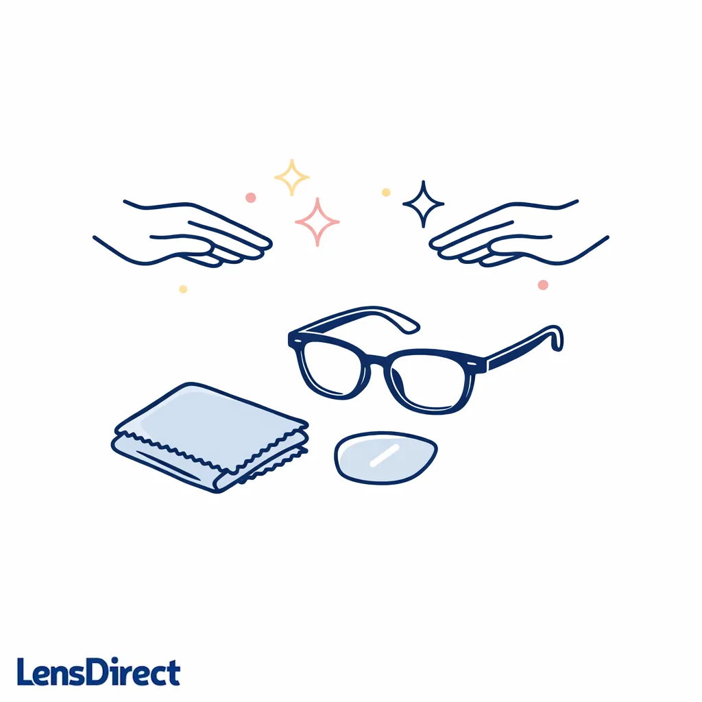 A microfiber cloth, clean hands, and a small lens tool-free setup illustrate a safe DIY workspace.