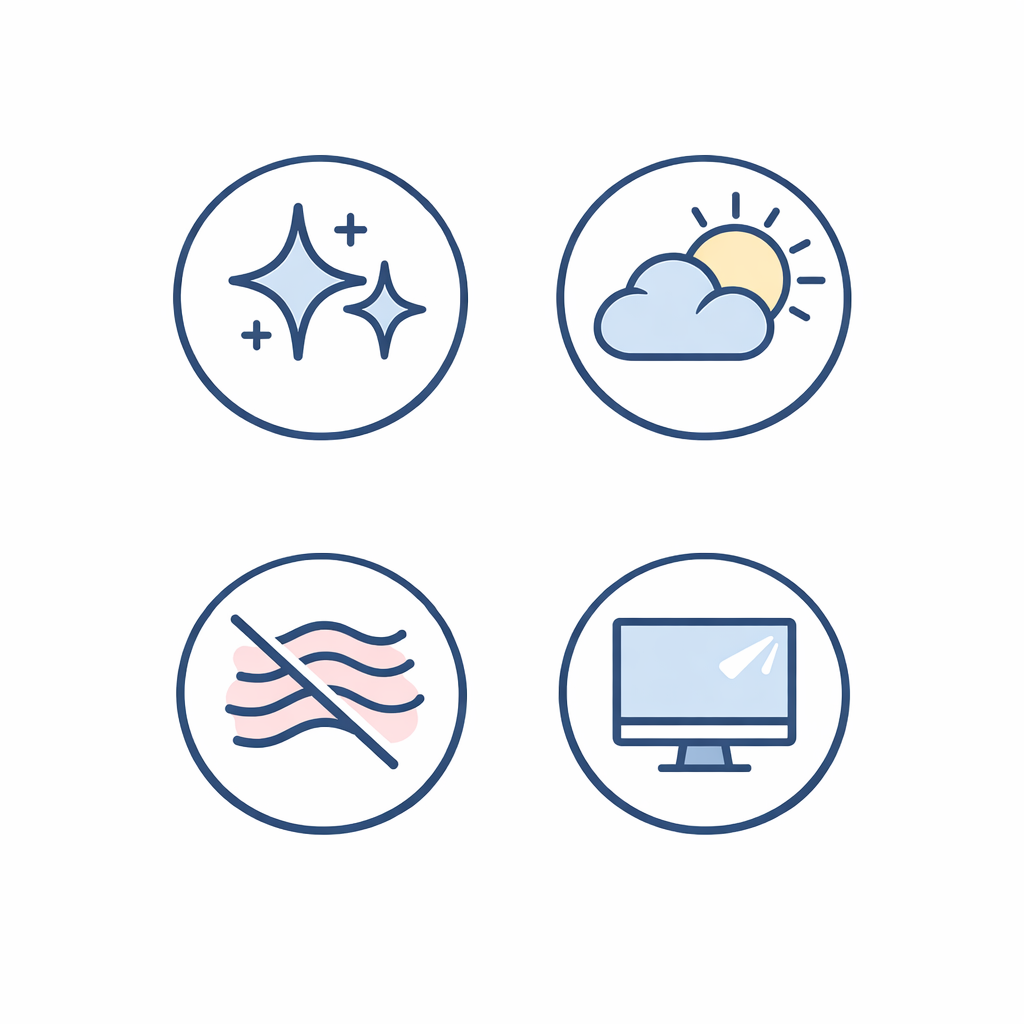 A set of four lens feature icons showing anti-reflective, photochromic, polarized, and blue-light filtering options.