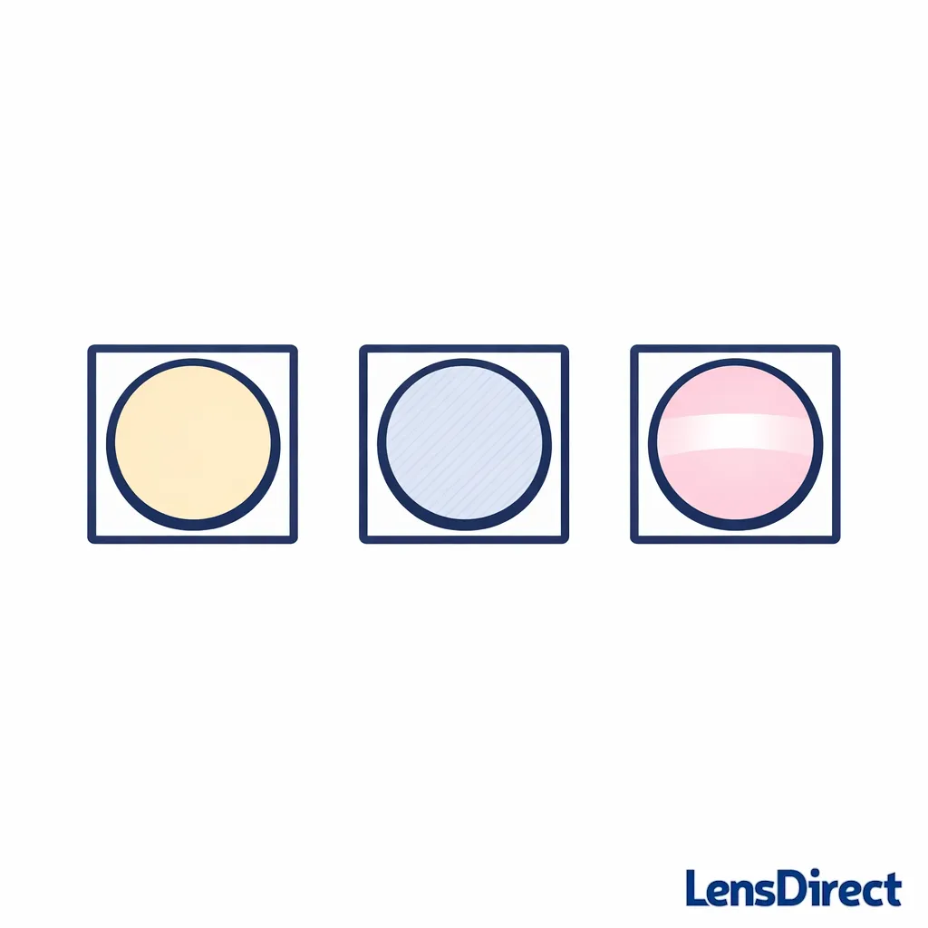 Three lens swatches show tint, polarization, and mirror finish options in simple icons.