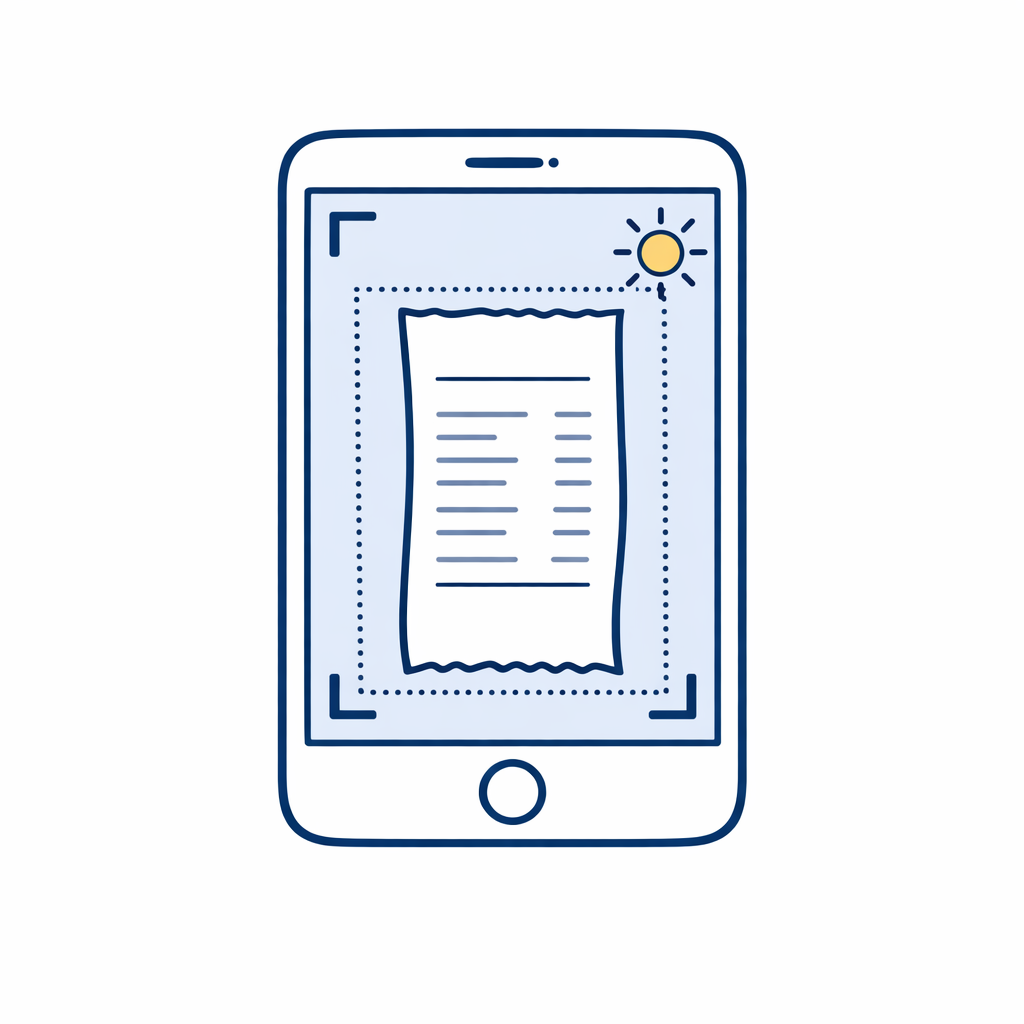 A smartphone camera frames a receipt clearly with good lighting indicators and uncropped corners.