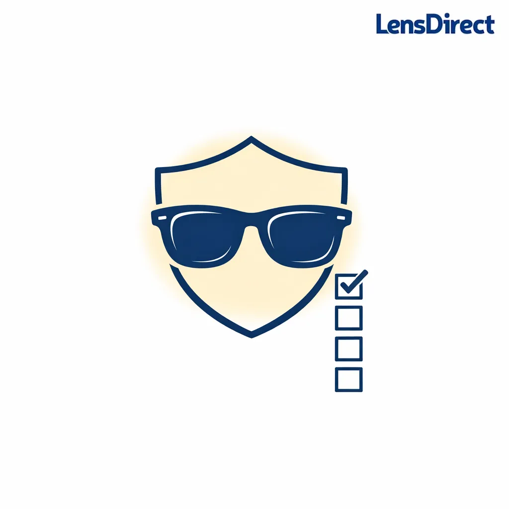 A minimalist shield and sunglasses icon suggests checking for full UVA and UVB protection without making medical claims.