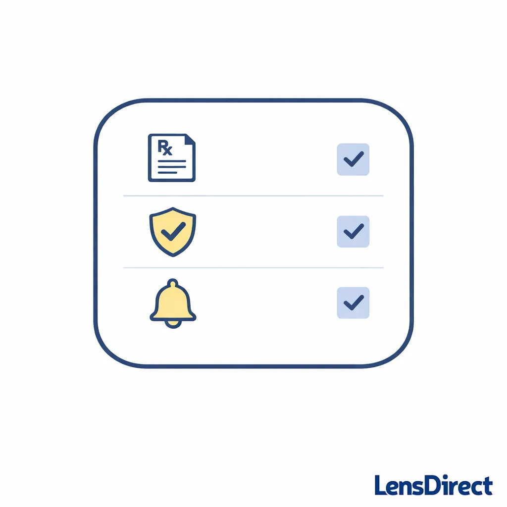 Minimal checklist panel with icons for prescription, verification, and reorder reminder to support safe online ordering.