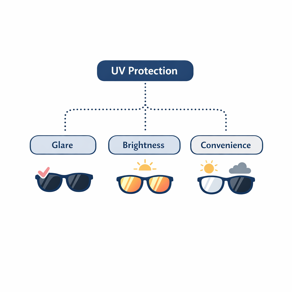 A simple flowchart helps pick lenses by goal: UV baseline, then glare, brightness, or convenience.