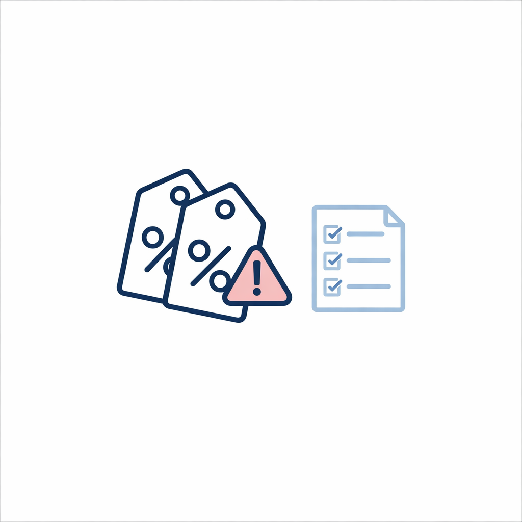 Two discount tags overlap with a caution symbol to suggest checking terms before stacking deals.