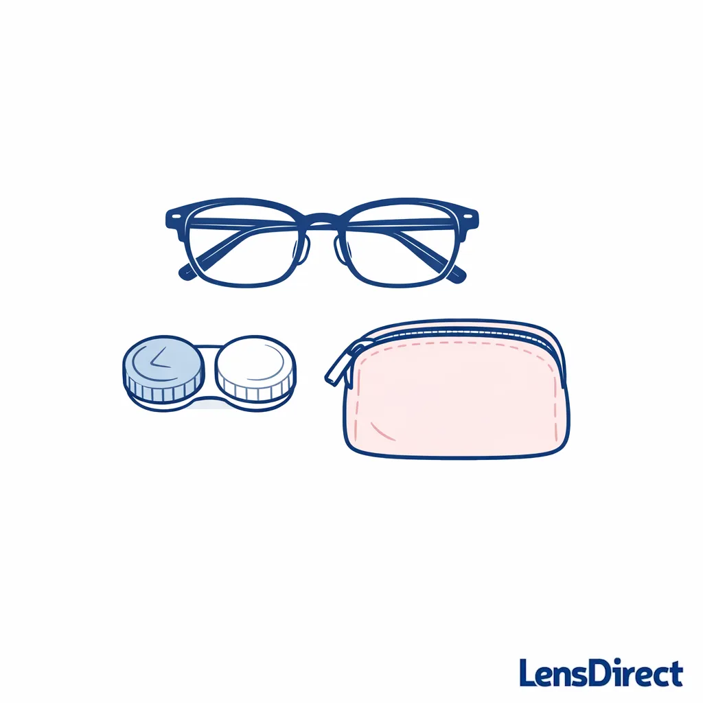 A simple three-item set shows glasses, contacts case, and travel pouch to illustrate a practical eyewear routine.