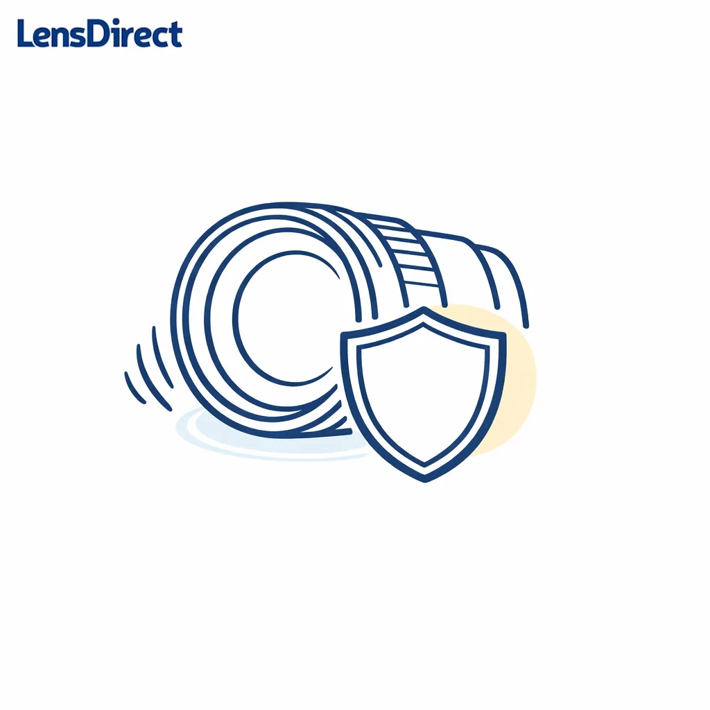 A shield icon beside a lens outline illustrating durability considerations for sports or kids without making medical claims.
