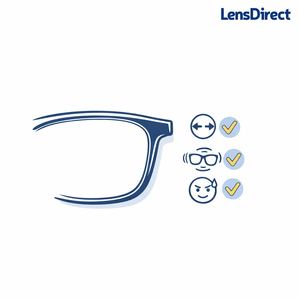 A close-up shows a properly seated lens flush with the frame and a checklist of fit cues as icons.