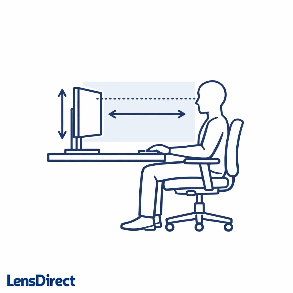 Monitor height, chair, and eye-line alignment shown with simple measurement arrows and dots.