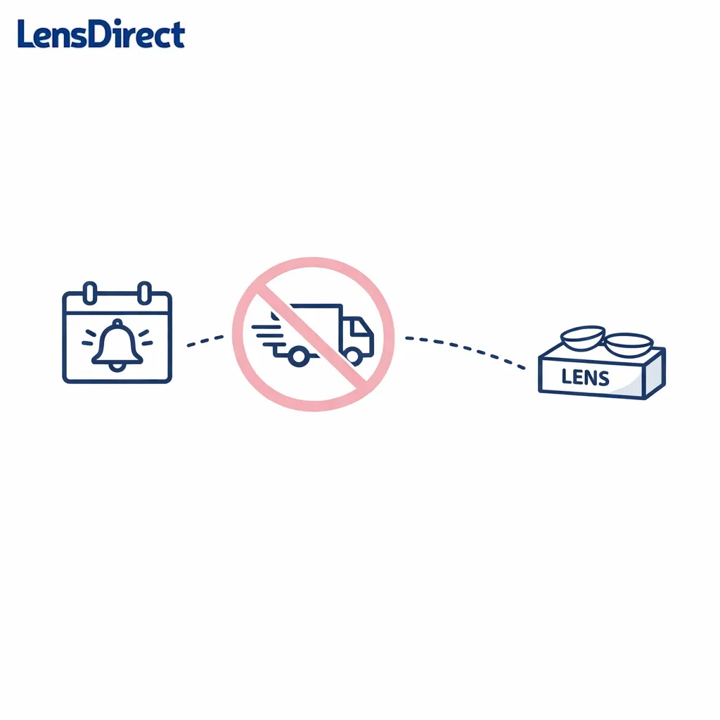 A calendar reminder preventing a last-minute rush shipment, shown by a crossed-out fast truck icon.