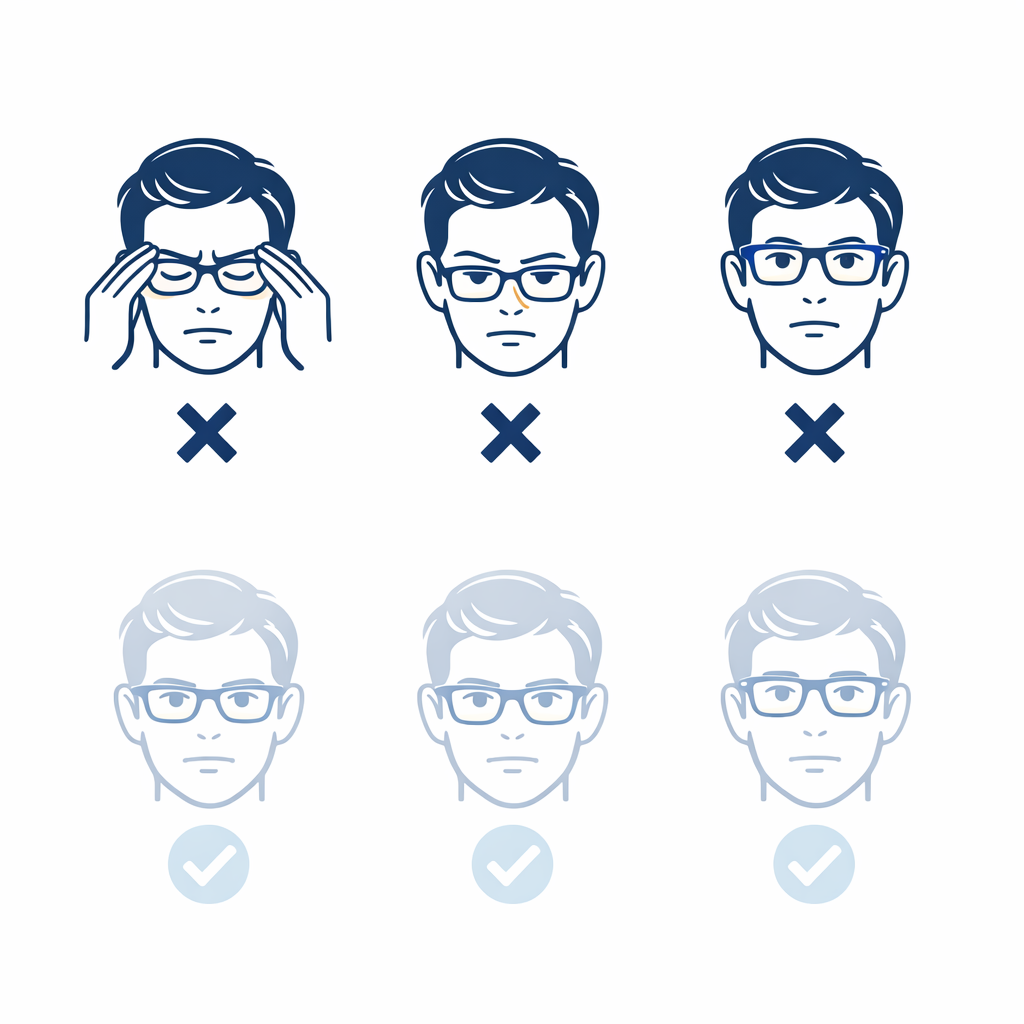 Three mini panels show frames pinching temples, sliding down the nose, and sitting too high, each paired with a simple correction.