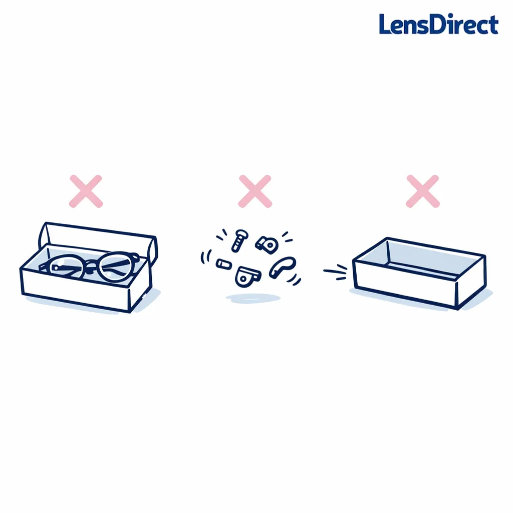 Icons show avoidable errors like no case, loose parts, and unpadded empty space in the box.