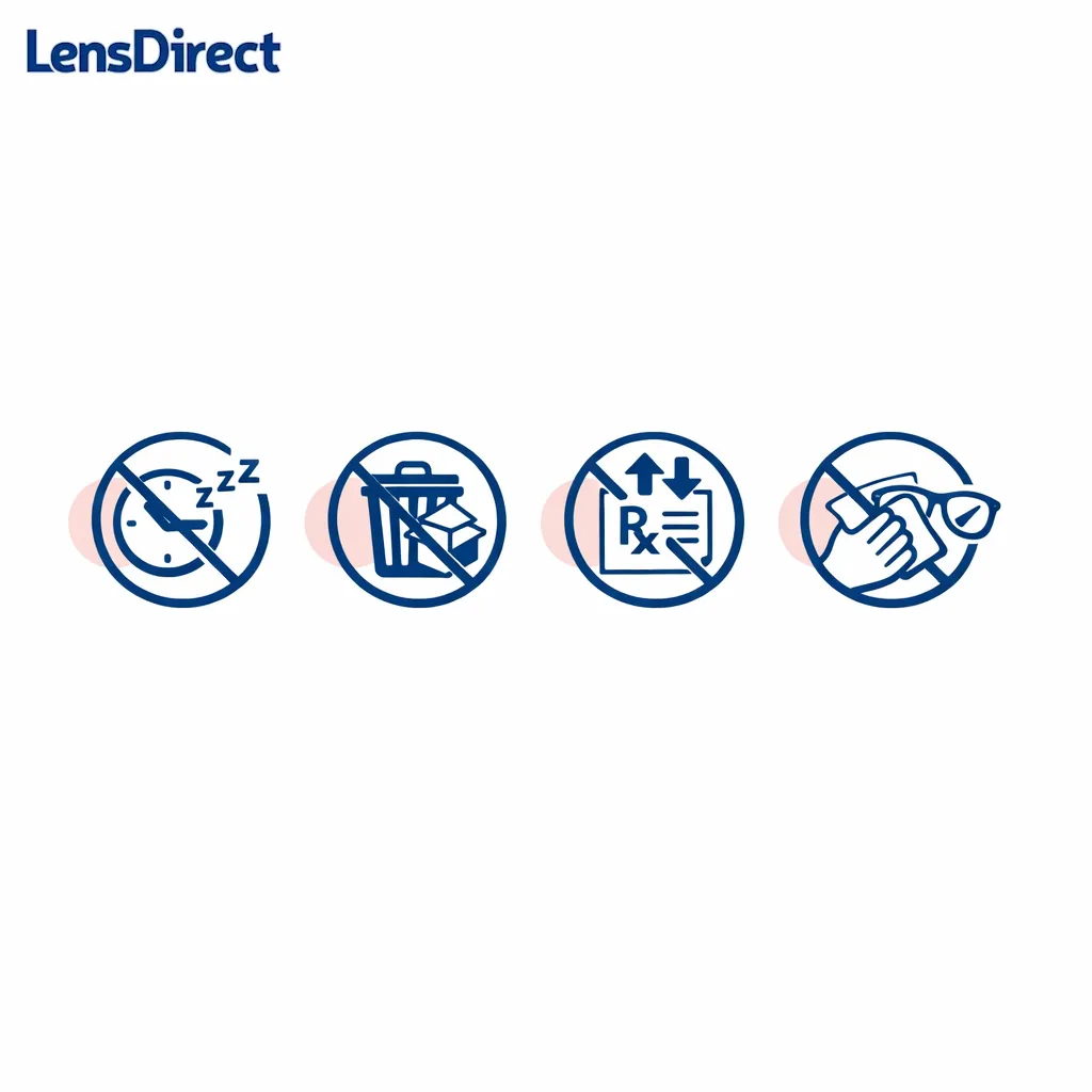 A row of simple crossed-out icons shows waiting too long, tossing packaging, mixing terms, and abrasive cleaning.