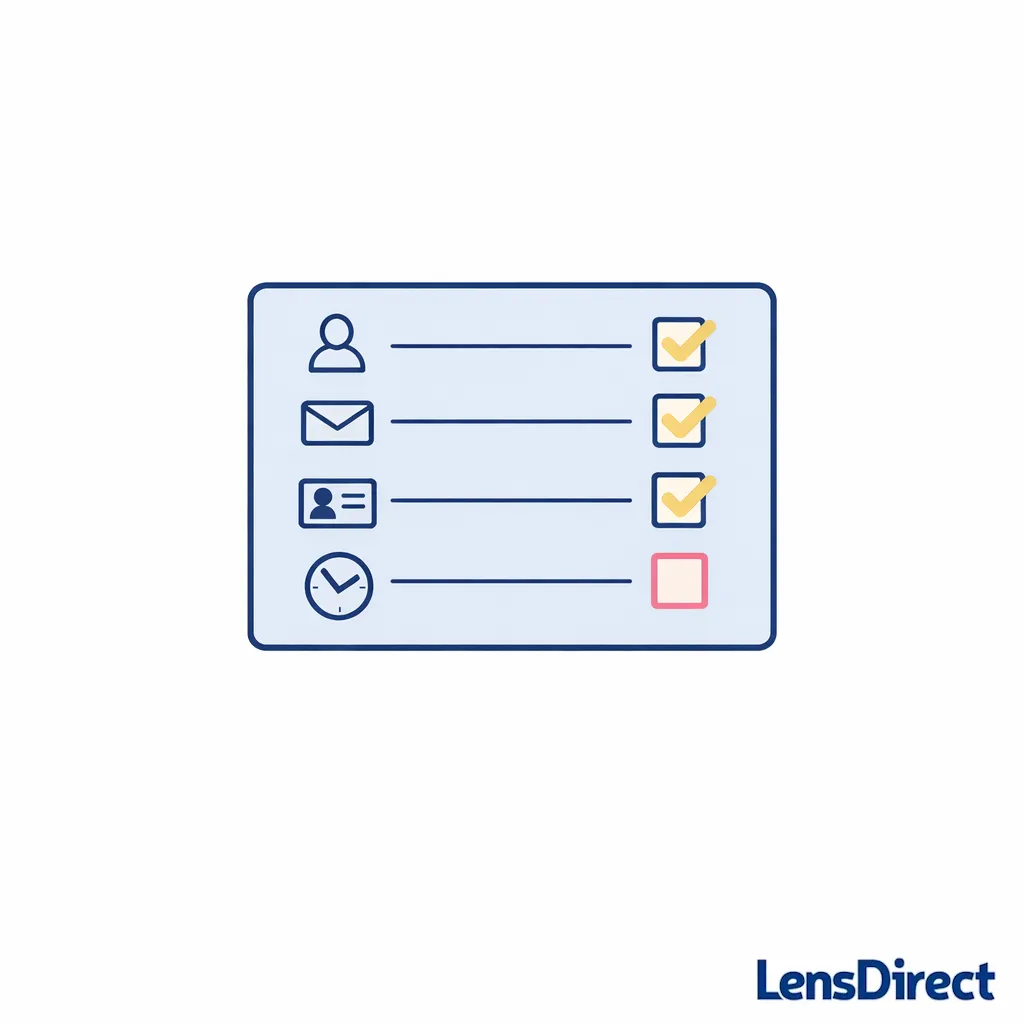 A short checklist with icons for name, email, credential, and time, indicating quick prep steps.