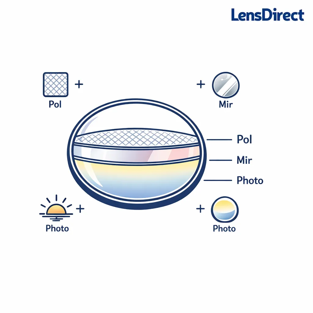 Overlapping icons show polarization, mirror coating, and photochromic tint as stackable layers on one lens.