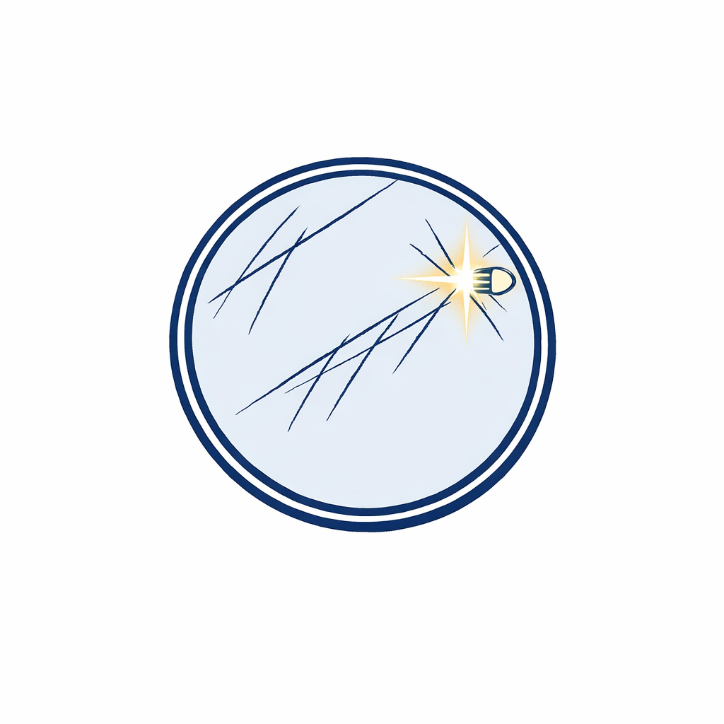 A scratched lens icon creates starburst glare lines to show why replacement beats polishing hacks.