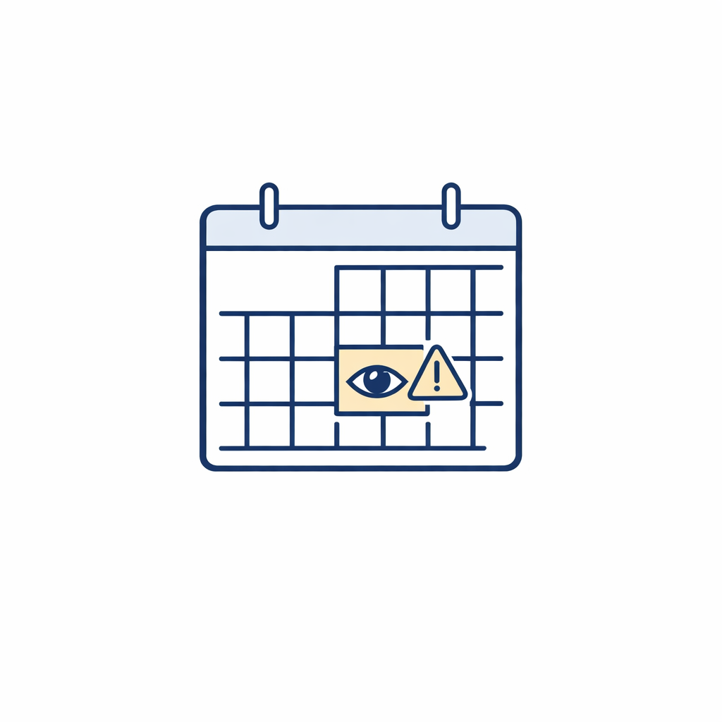 Calendar with a small eye icon and a caution triangle indicating it may be time for a check-in.