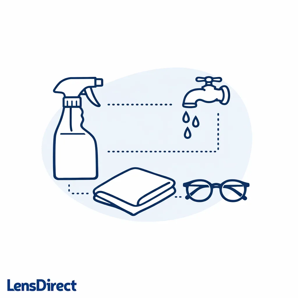 A spray bottle, microfiber cloth, and running water icon show gentle cleaning habits that reduce micro-scratches.