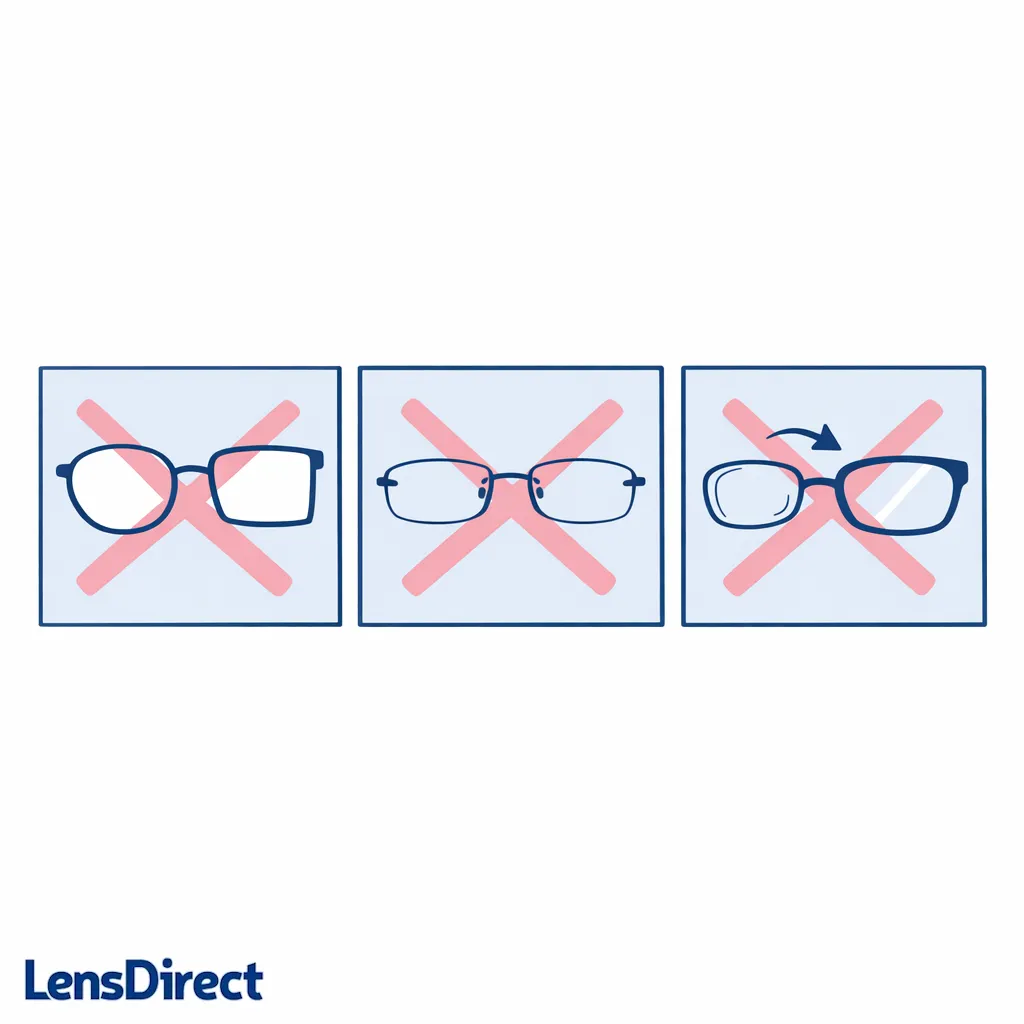 A set of mini-icons showing incorrect assumptions like any lens fits any frame and swapping old lenses into new frames.