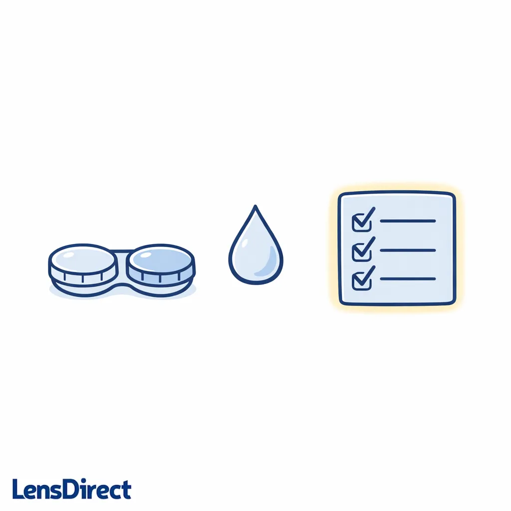 A contact lens case and a gentle safety checklist emphasize care and comfort before savings.