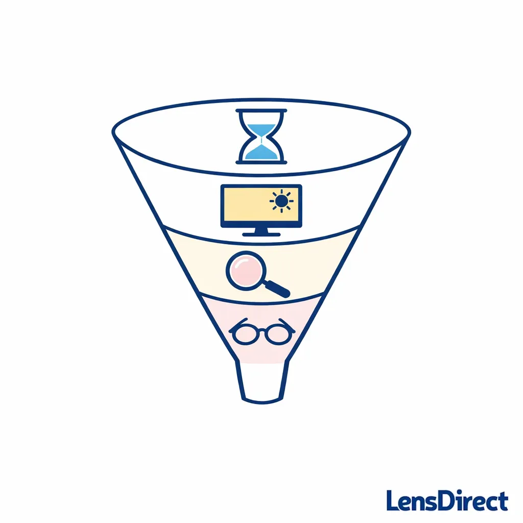Funnel diagram prioritizing breaks, glare reduction, and text size before optional lens features.