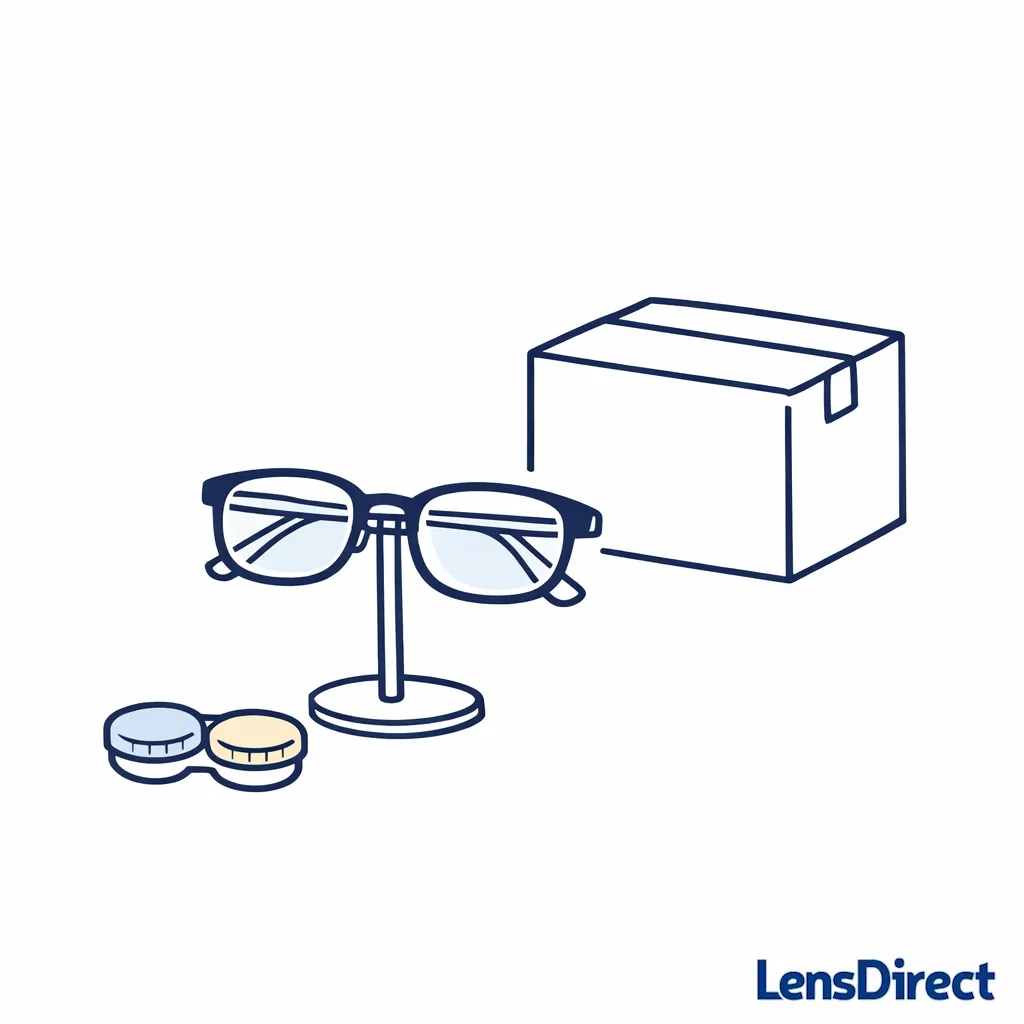 A simple setup shows a backup pair of glasses and contact lens case while frames are away.
