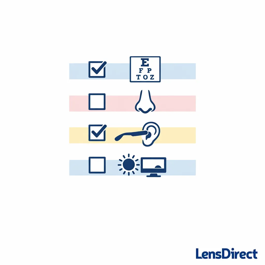 A minimalist checklist emphasizes current prescription, comfort points, and lifestyle match using simple icons only.