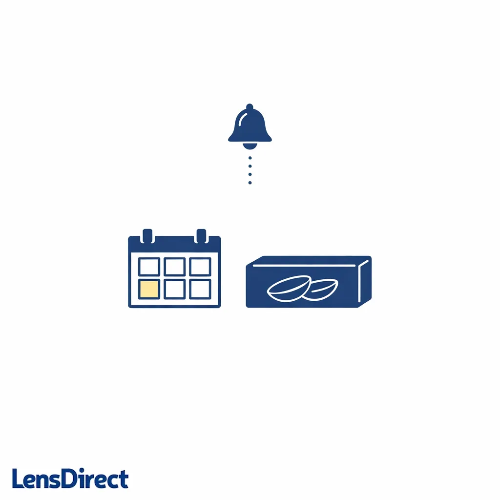 Calendar icon with a highlighted date and a small lens box icon to suggest reordering before running out.