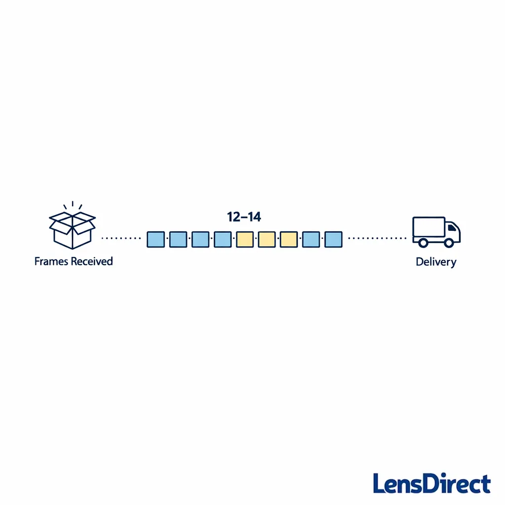 A calendar timeline highlights a 12–14 business day production window after frames are received.