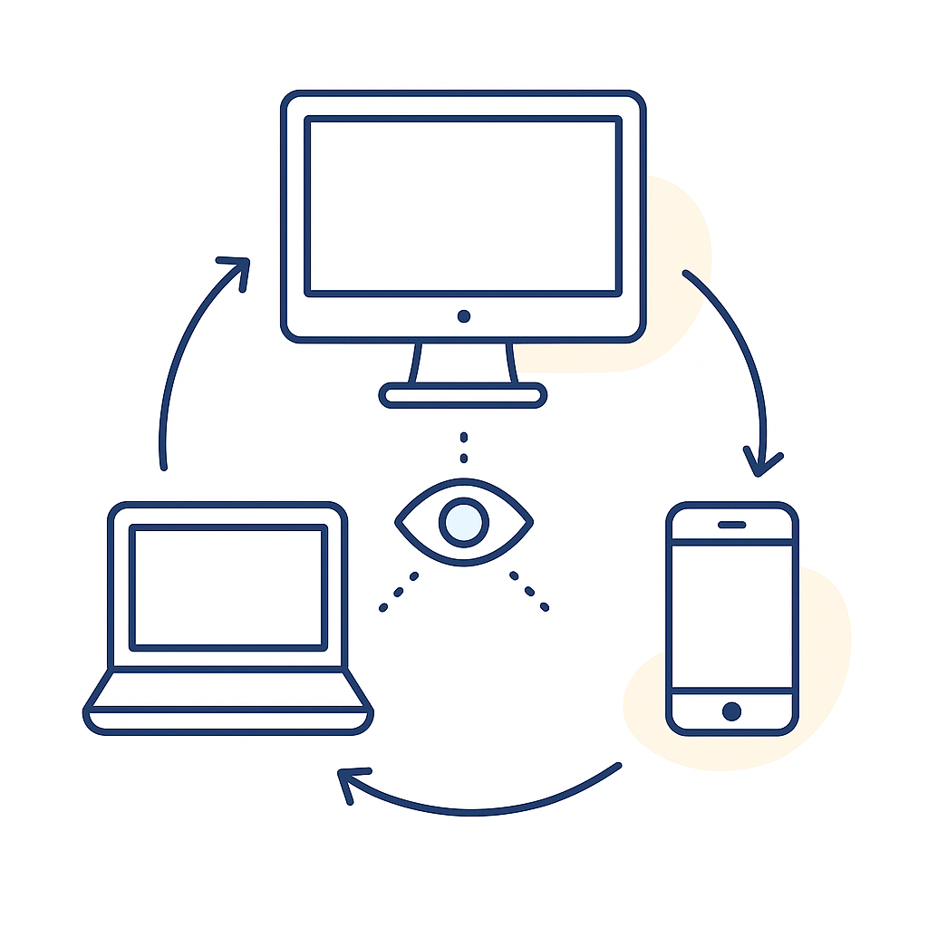 Line-art laptop, monitor, and phone with looping arrows showing constant refocusing between devices.