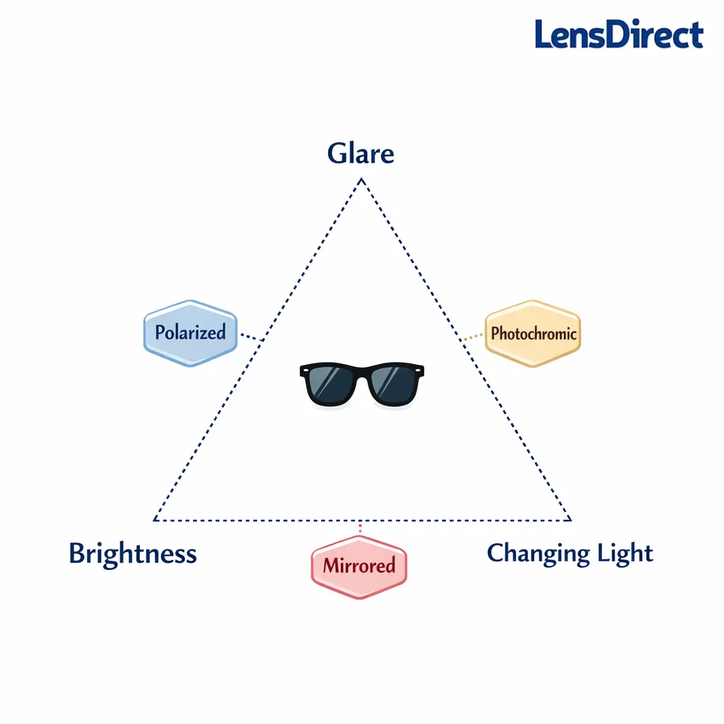 A simple triangle diagram maps glare, brightness, and changing light to the lens options that solve each.
