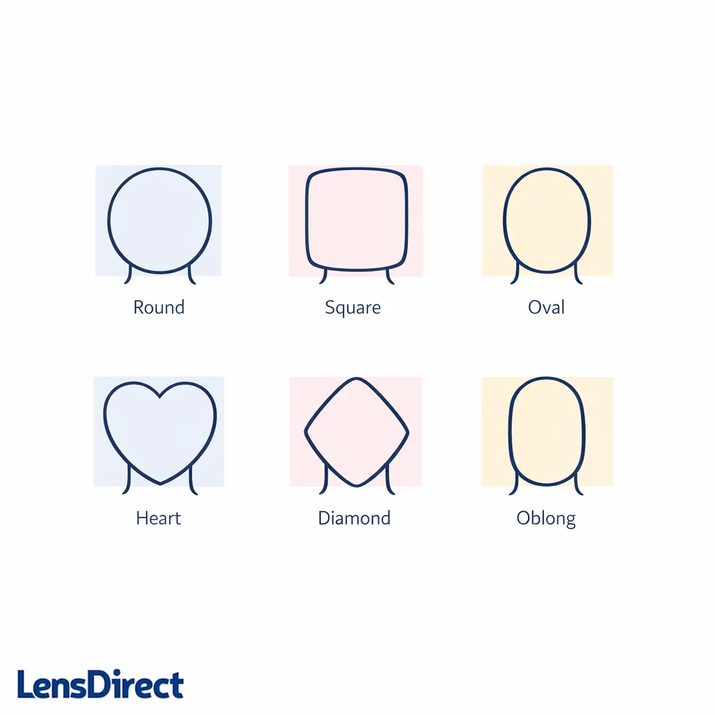 Six simple face-shape icons arranged in a clean grid for round, square, oval, heart, diamond, and oblong.