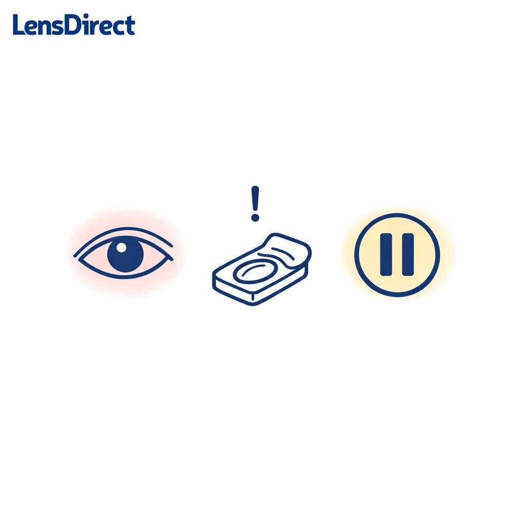 An eye icon beside a contact lens and a pause symbol suggests stopping wear if there is pain or redness.