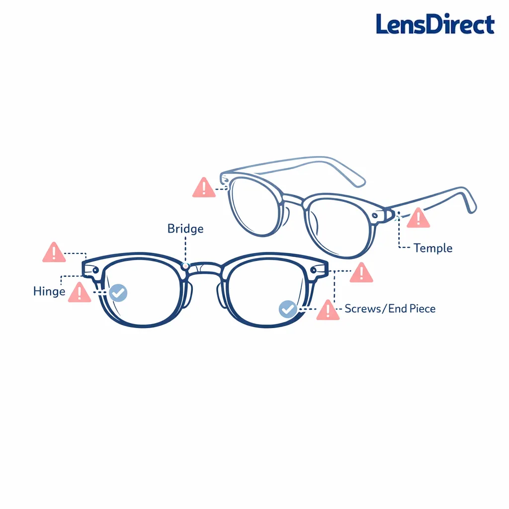 A glasses frame diagram with callouts to hinges, bridge, and rim showing where to look for cracks or looseness.