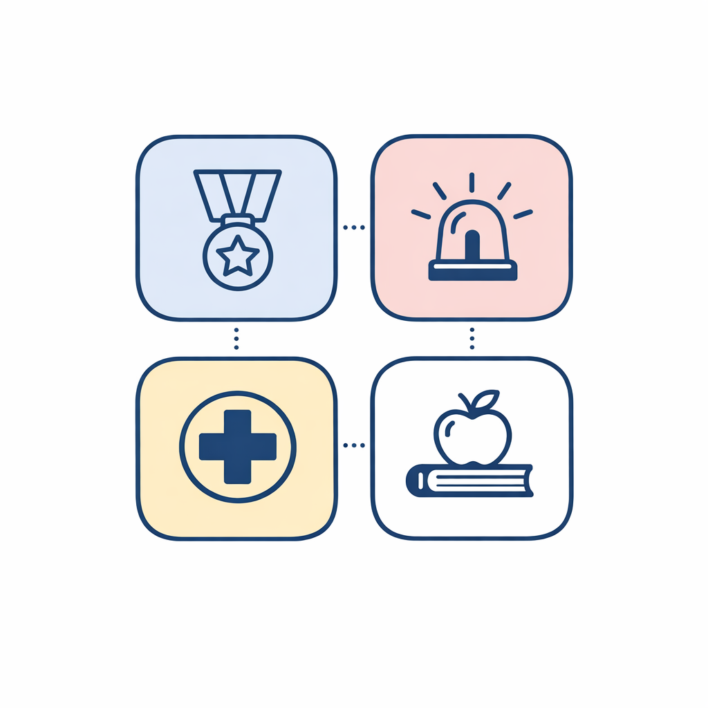 Four minimal icons in a 2x2 grid for military, first responders, healthcare, and teachers.