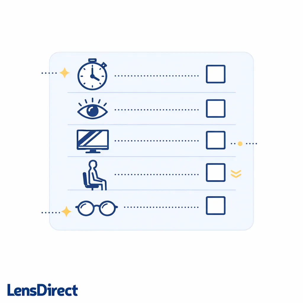 Minimal dashboard with five check icons for breaks, blinking, glare, posture, and updated lenses.