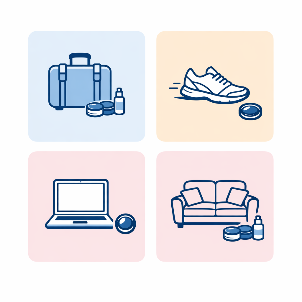 Four lifestyle tiles pairing icons like travel, sports, desk work, and evenings with the most common lens schedule cues.