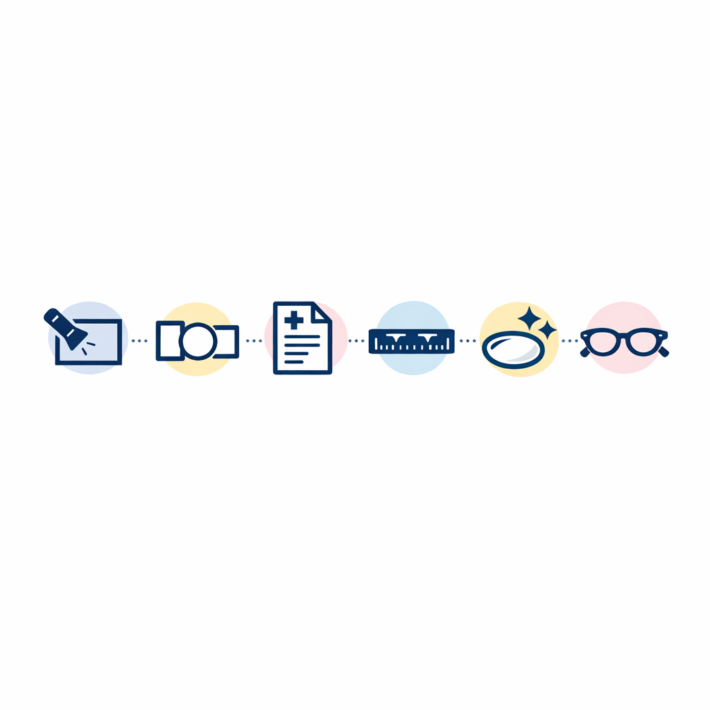 A six-step icon row summarizing inspect, identify type, confirm prescription, measure PD, pick lens options, and plan backup.