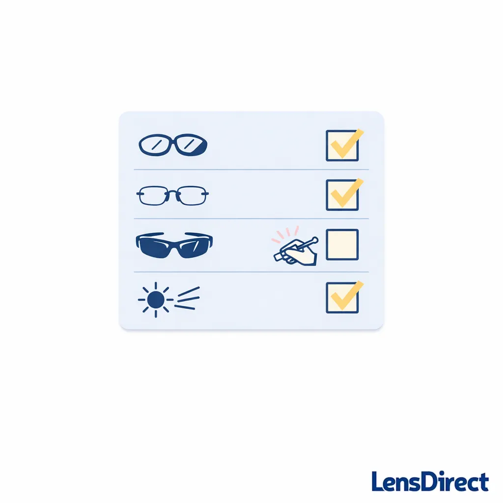 A clean checklist uses icons to guide whether to choose mail-in replacement or DIY based on frames and prescription.