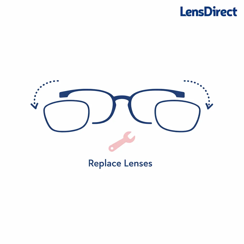 A frame outline with removable lens shapes illustrates replacing lenses in favorite frames without changing the look.